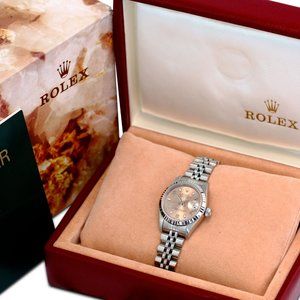 ROLEX LADY DATEJUST PINK ARABIC DIAL 18KW GOLD BEZEL 26MM WATCH REF#79174-MINT